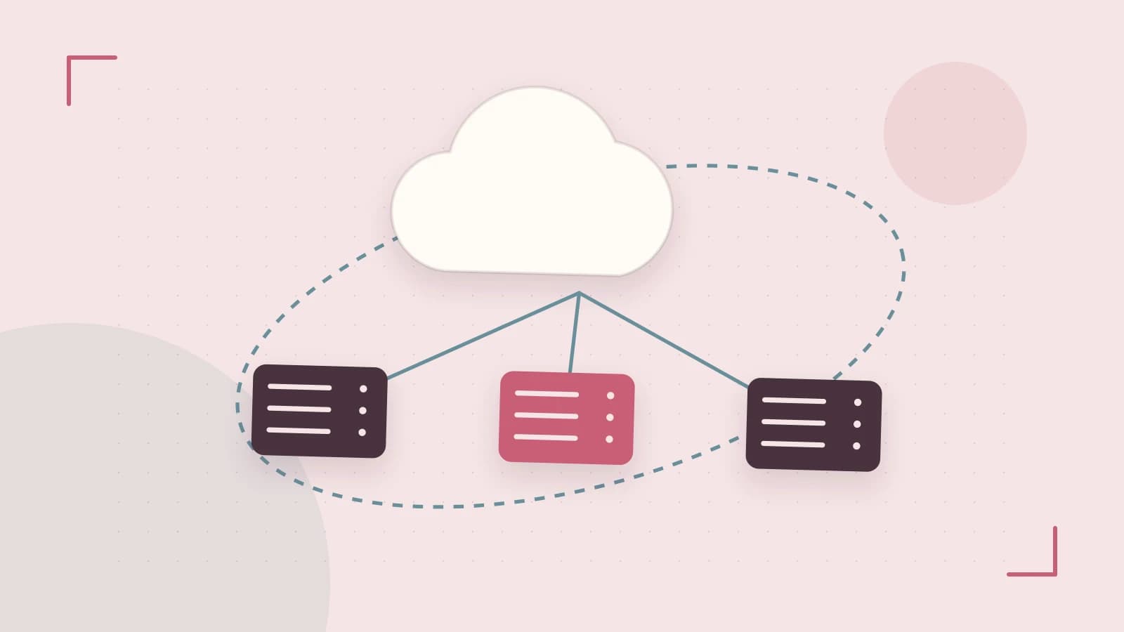 Editorial illustration of cloud infrastructure, connected server racks and an orbital service map