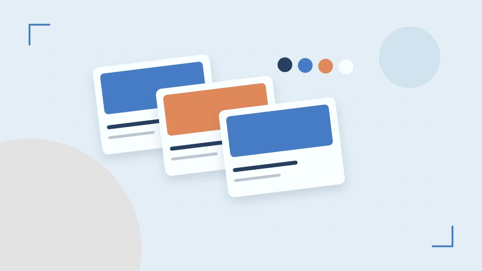 Editorial illustration of responsive browser layouts, overlapping design components and a color system