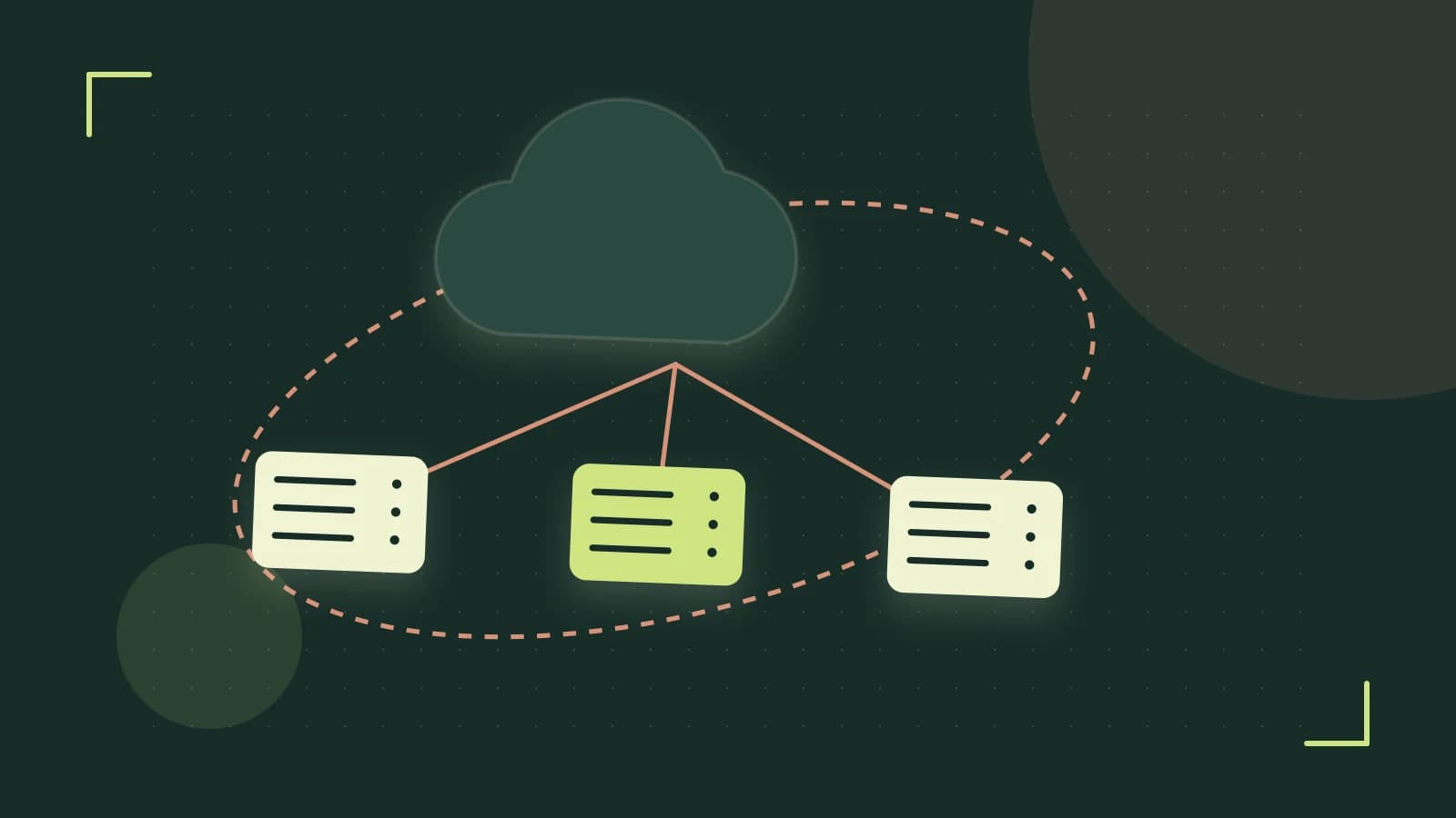 Editorial illustration of cloud infrastructure, connected server racks and an orbital service map