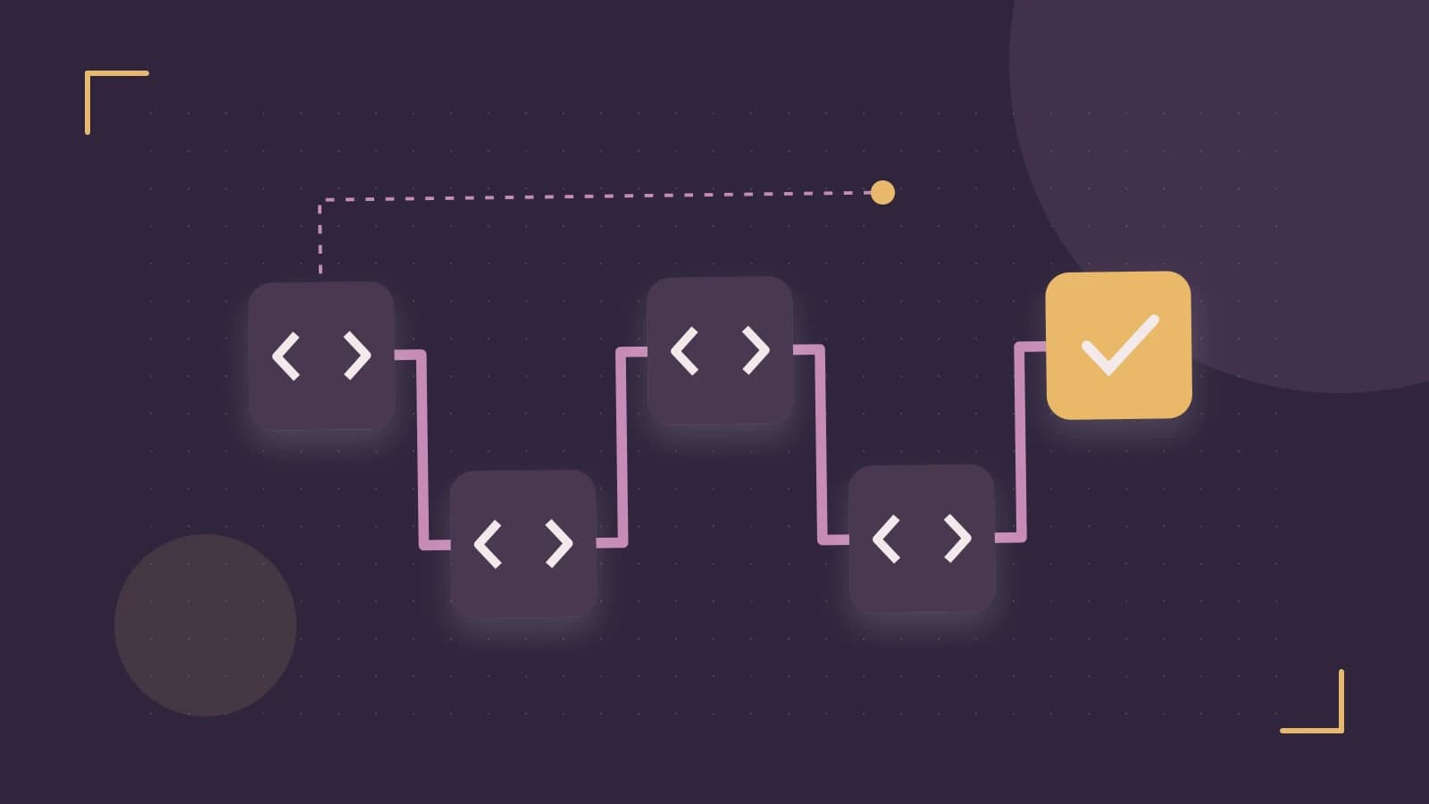 Editorial illustration of a branching build pipeline, staged transformations and a completed check