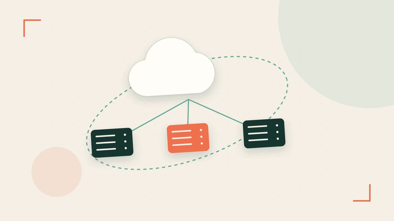 Editorial illustration of cloud infrastructure, connected server racks and an orbital service map