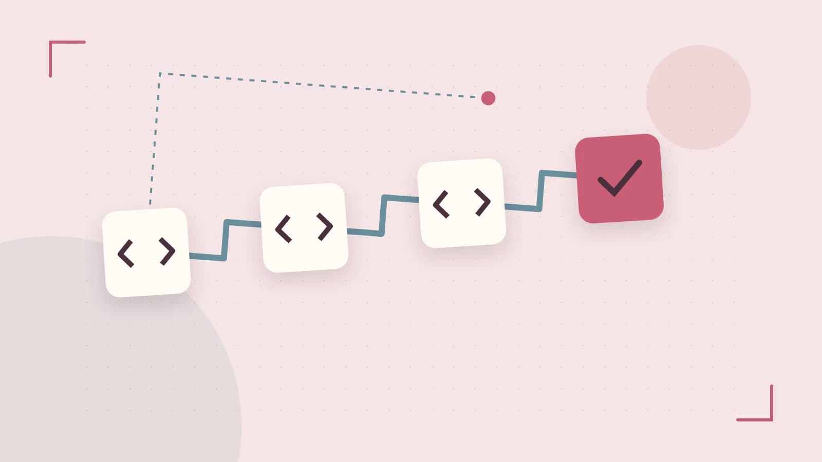 Editorial illustration of a branching build pipeline, staged transformations and a completed check