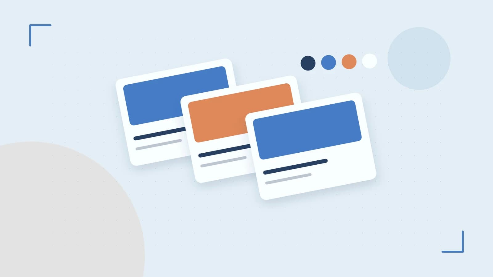 Editorial illustration of responsive browser layouts, overlapping design components and a color system
