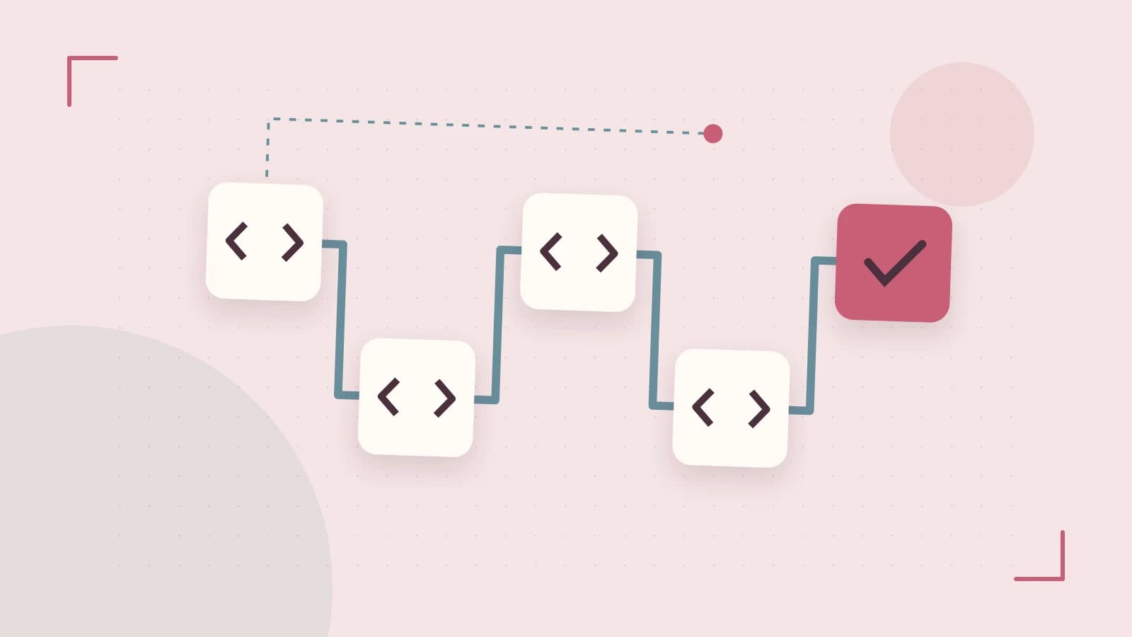 Editorial illustration of a branching build pipeline, staged transformations and a completed check