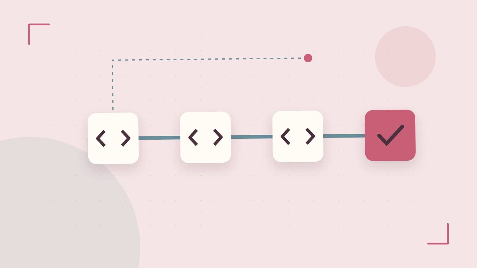 Editorial illustration of a branching build pipeline, staged transformations and a completed check