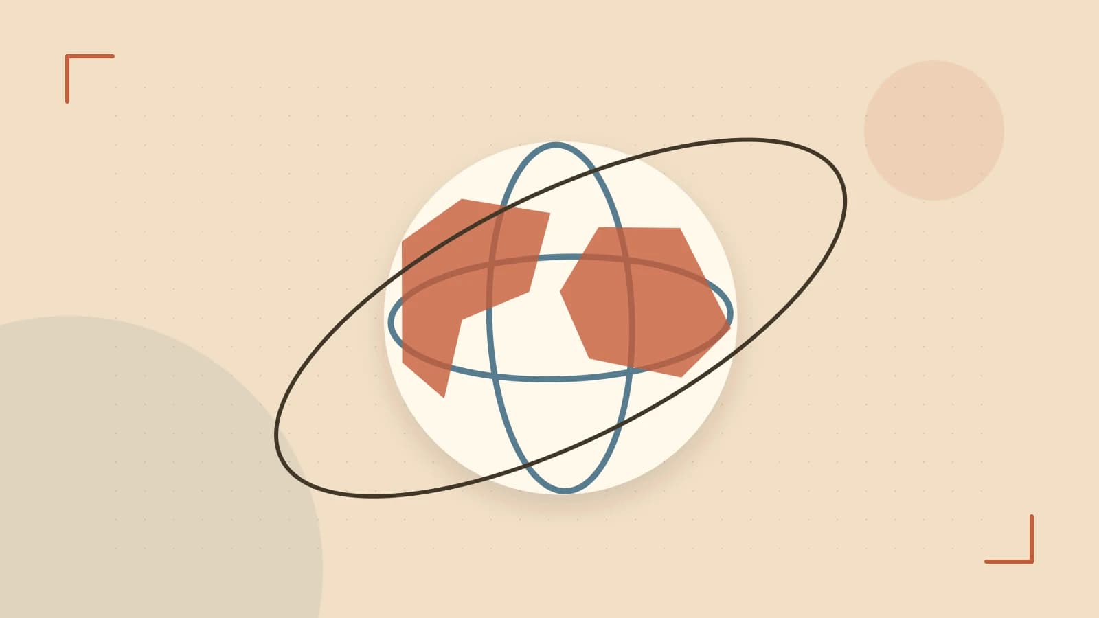 Editorial illustration of an editorial globe with meridians and layered geographic shapes