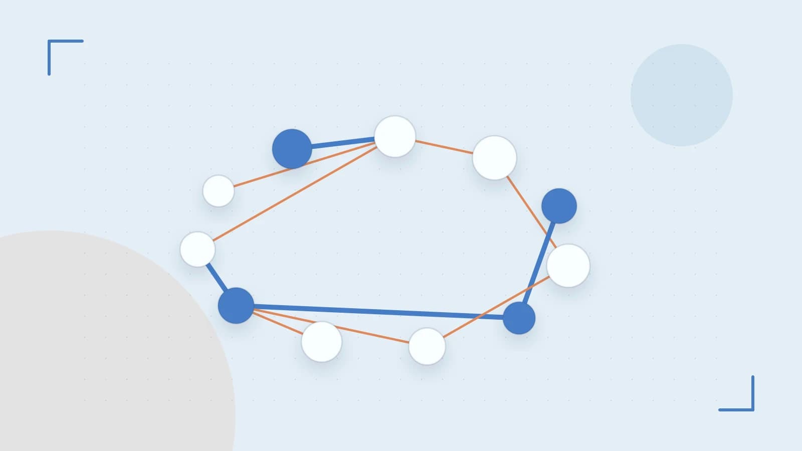 Editorial illustration of an algorithmic node graph with branching paths and a highlighted result