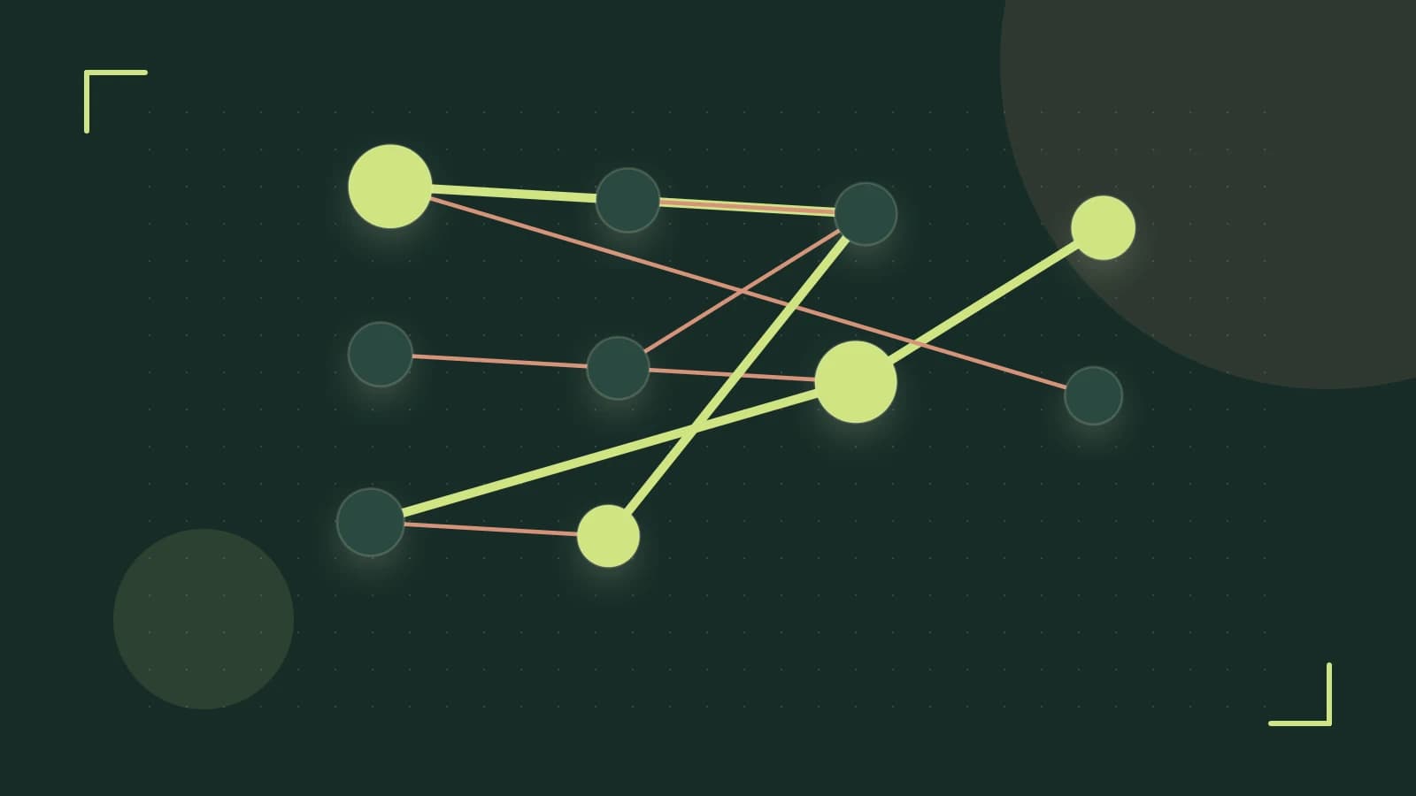 Editorial illustration of an algorithmic node graph with branching paths and a highlighted result