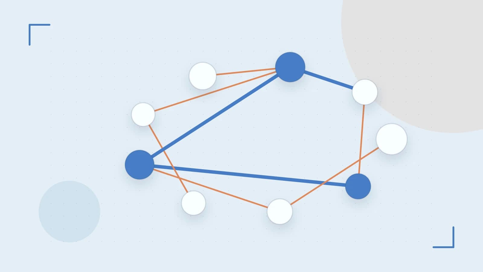 Editorial illustration of an algorithmic node graph with branching paths and a highlighted result