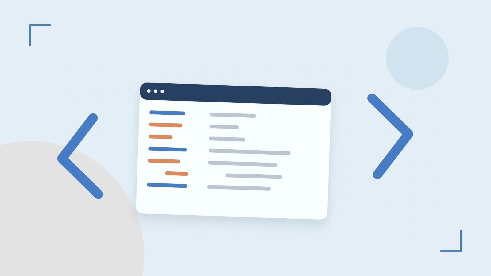 Editorial illustration of an abstract code editor, syntax blocks and oversized programming brackets