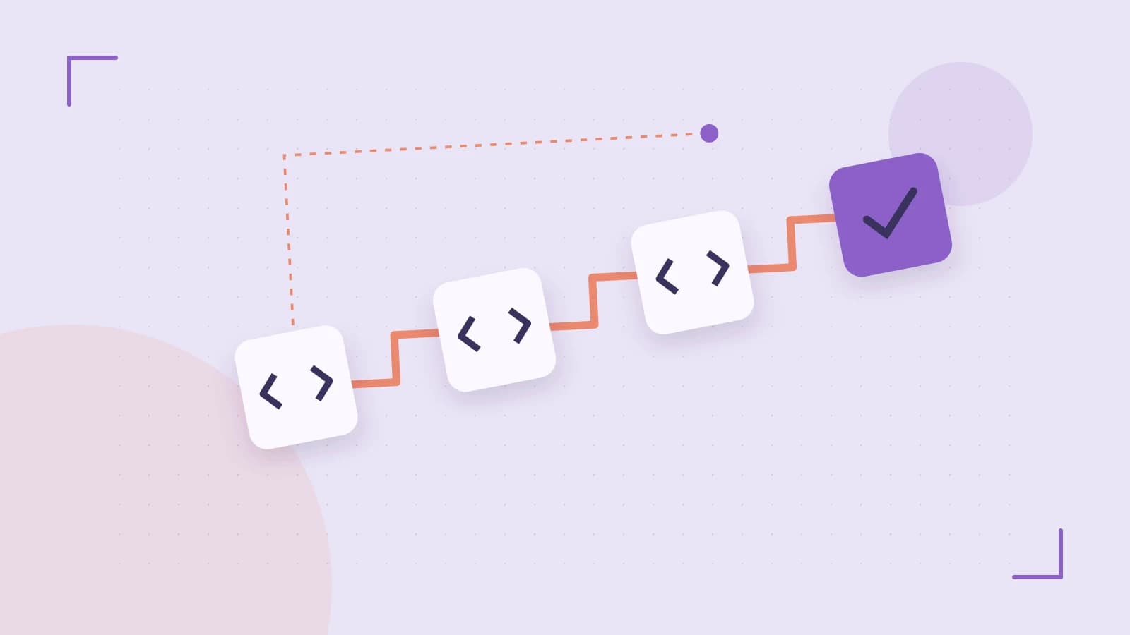Editorial illustration of a branching build pipeline, staged transformations and a completed check