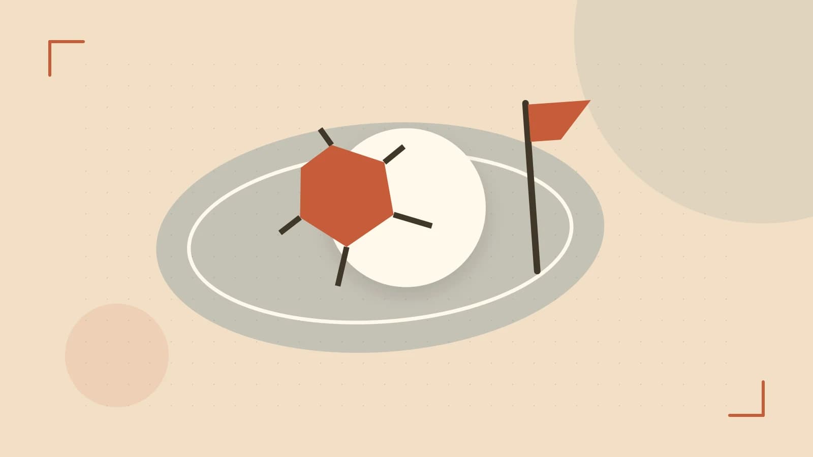 Editorial illustration of a stylized sports ball, stadium geometry and dynamic arcs