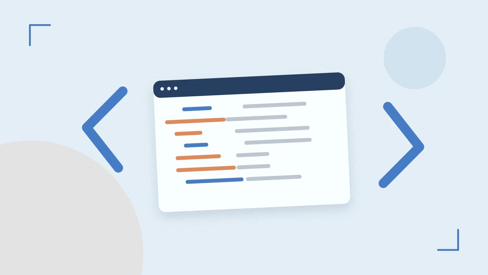 Editorial illustration of an abstract code editor, syntax blocks and oversized programming brackets