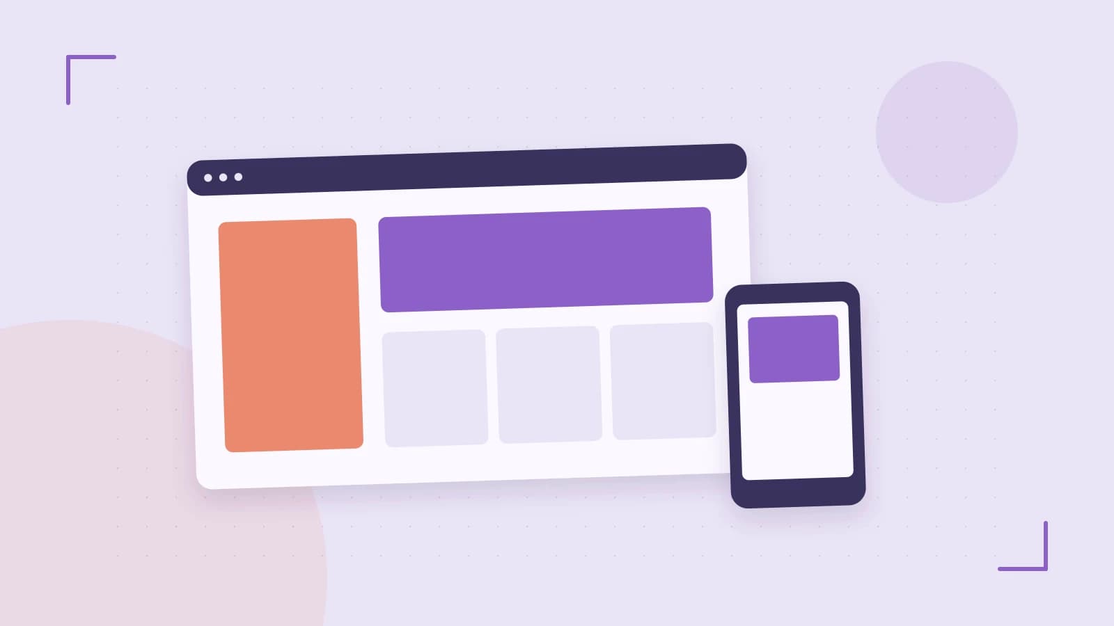 Editorial illustration of responsive browser layouts, overlapping design components and a color system