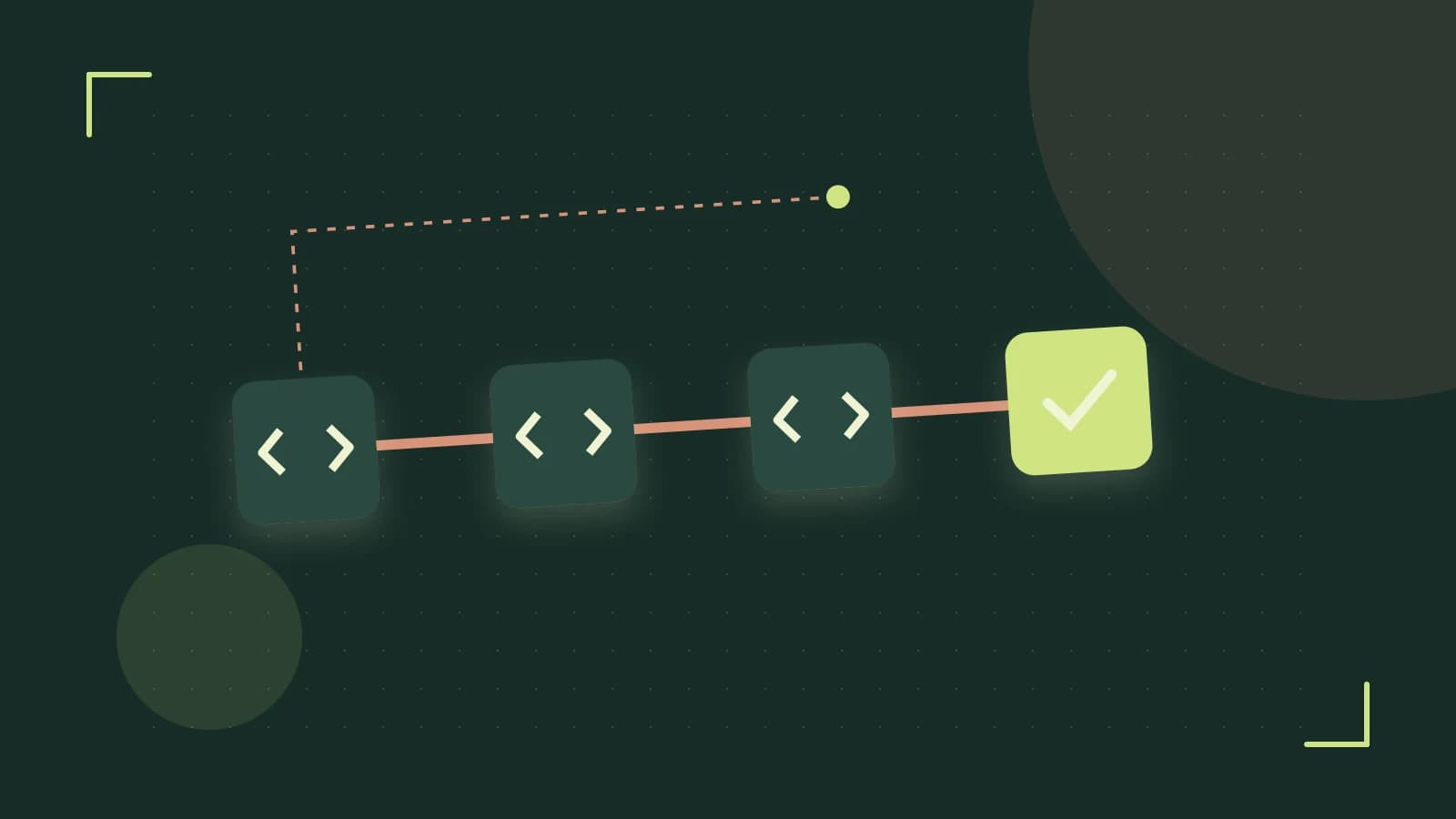 Editorial illustration of a branching build pipeline, staged transformations and a completed check