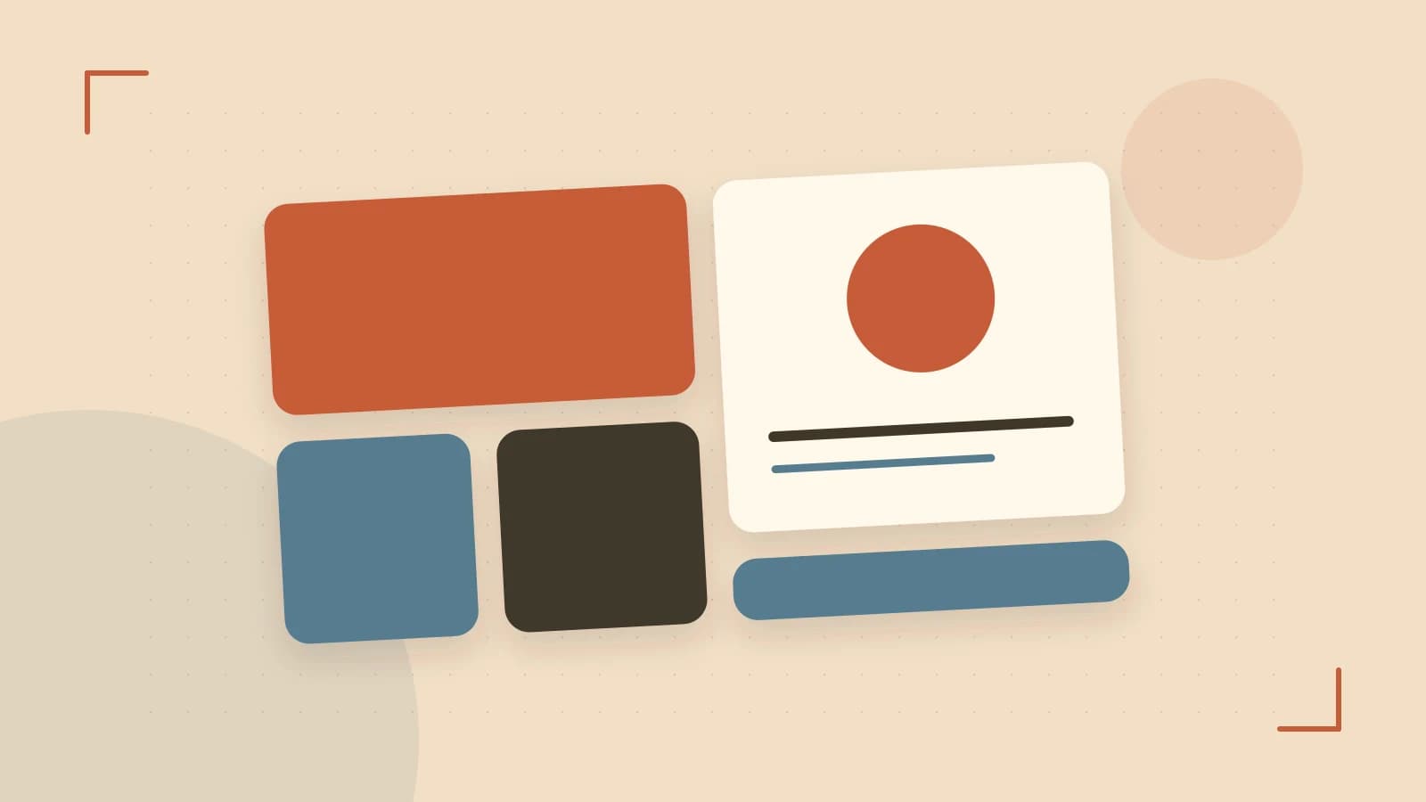 Editorial illustration of responsive browser layouts, overlapping design components and a color system