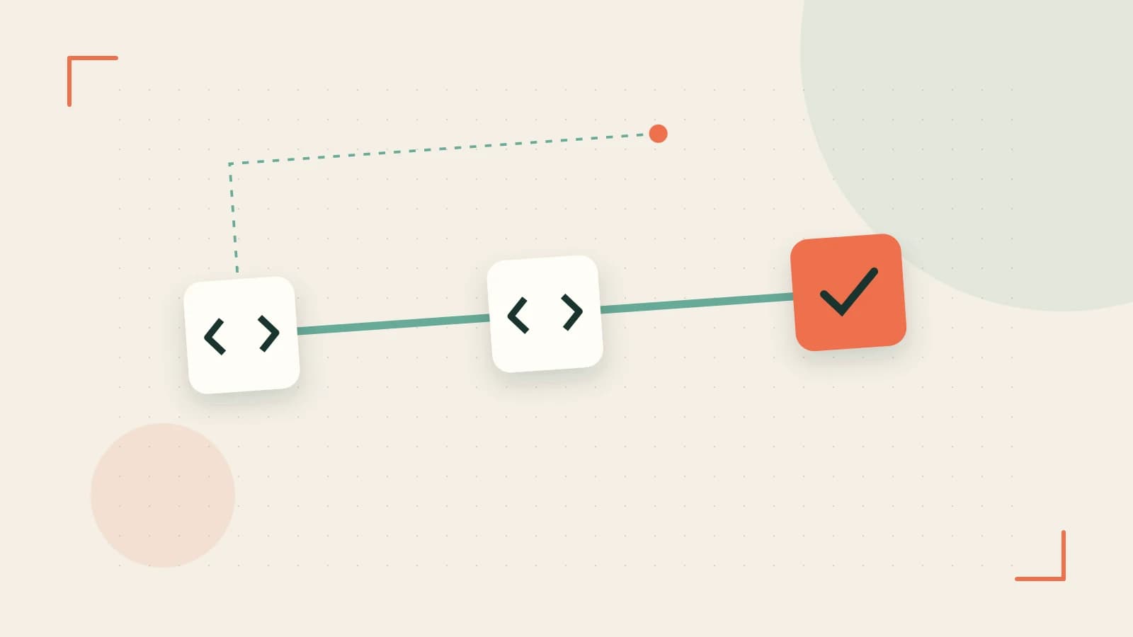 Editorial illustration of a branching build pipeline, staged transformations and a completed check