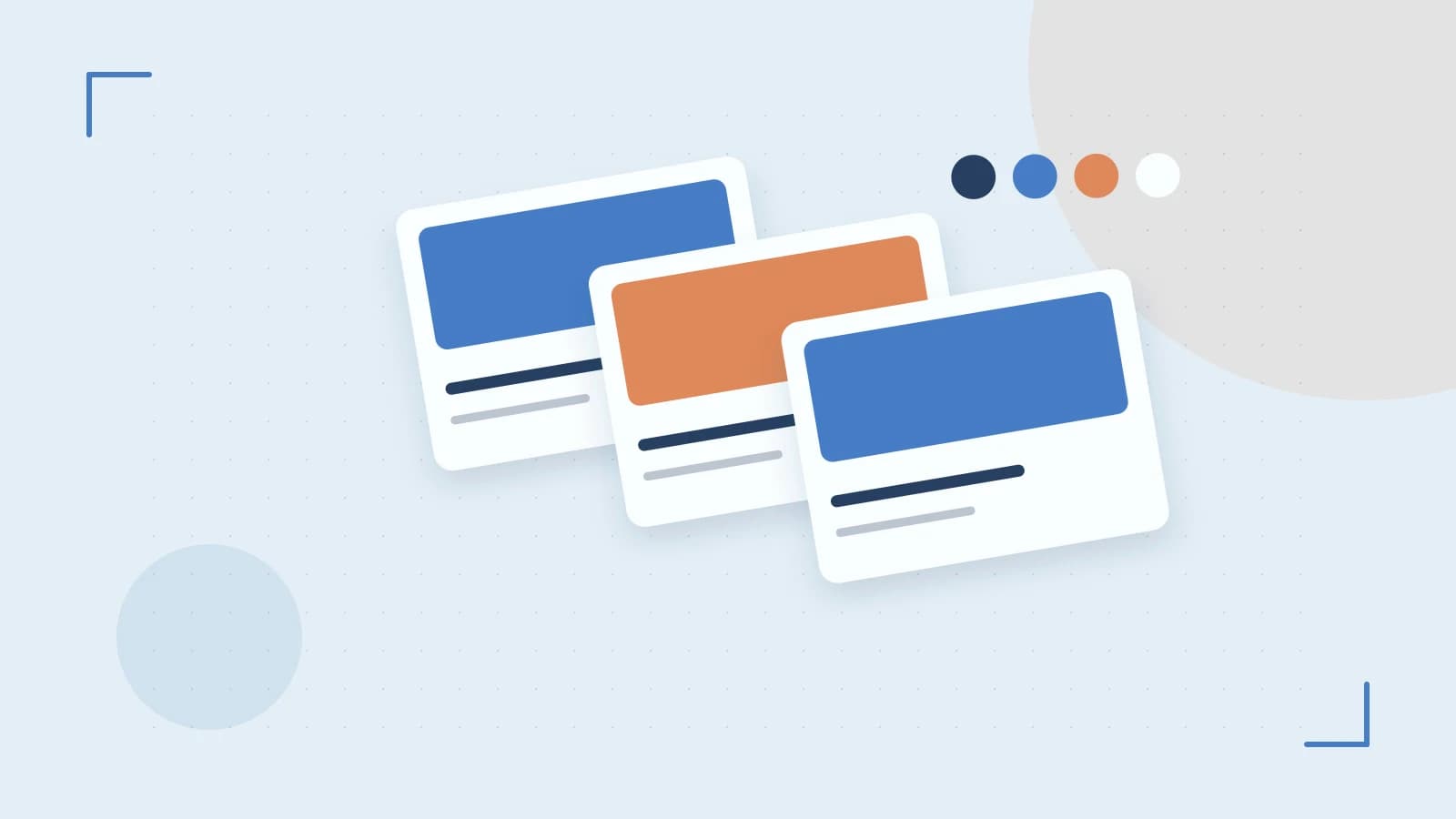 Editorial illustration of responsive browser layouts, overlapping design components and a color system