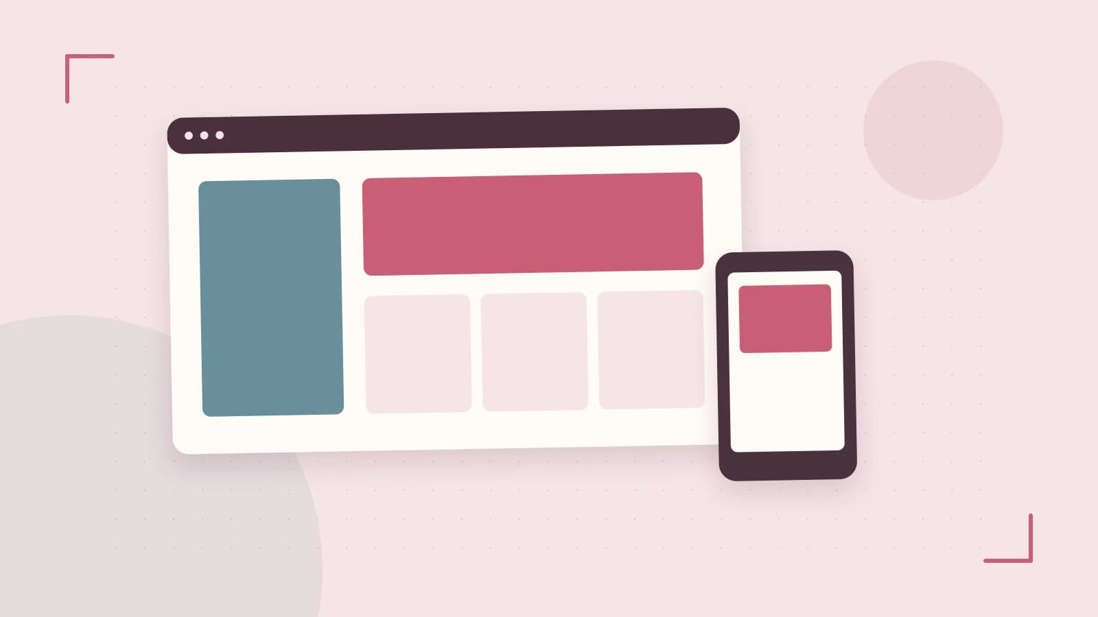Editorial illustration of responsive browser layouts, overlapping design components and a color system