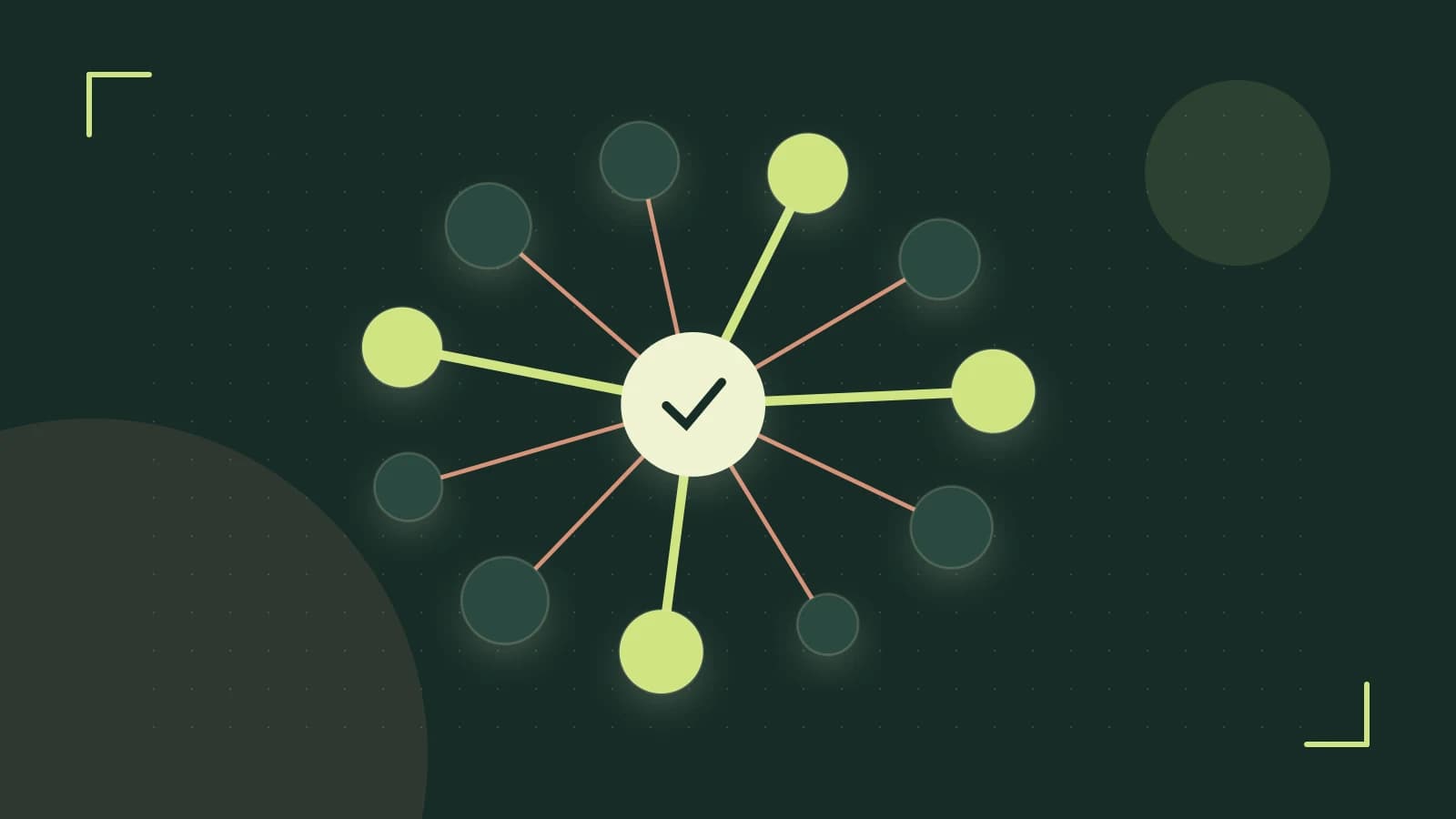 Editorial illustration of an algorithmic node graph with branching paths and a highlighted result