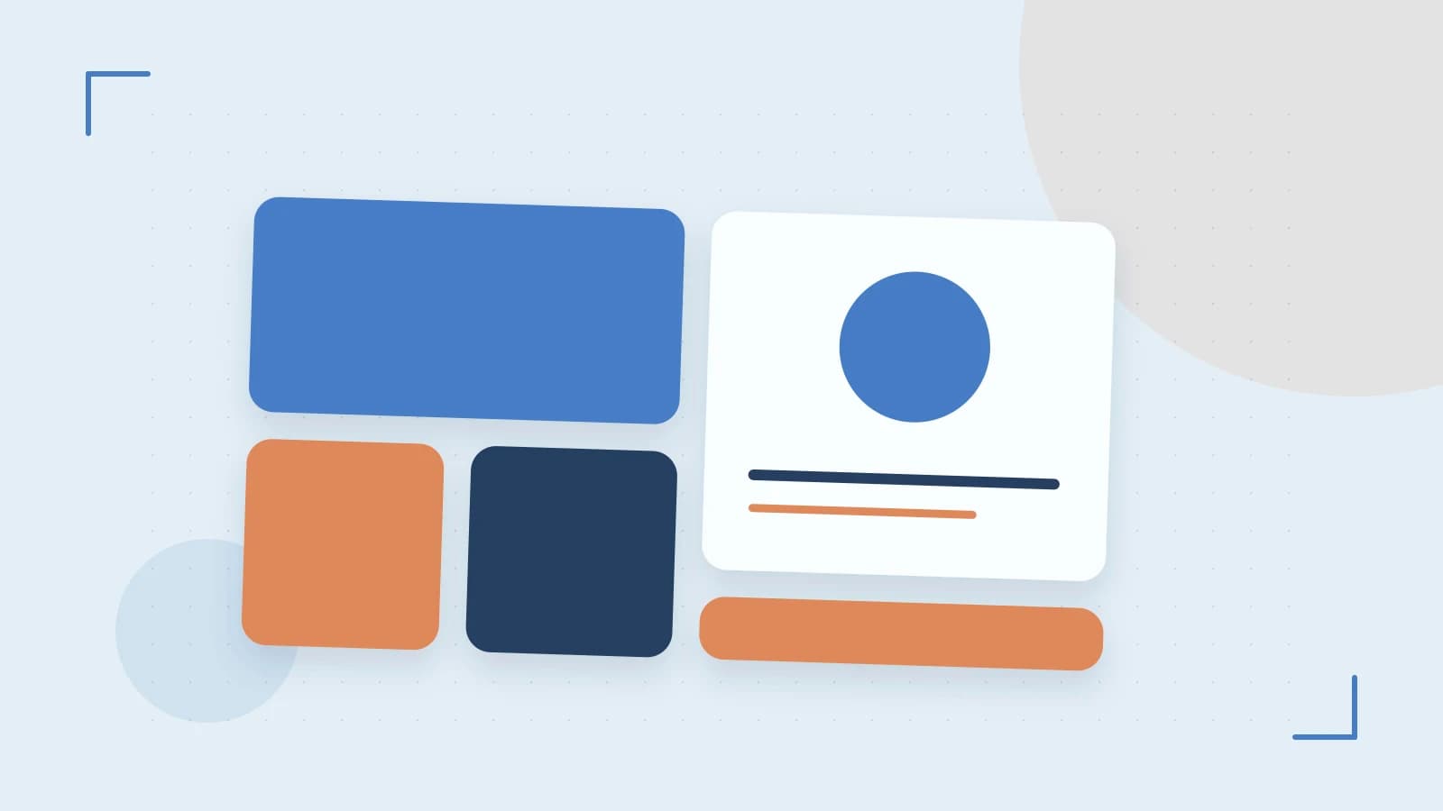 Editorial illustration of responsive browser layouts, overlapping design components and a color system