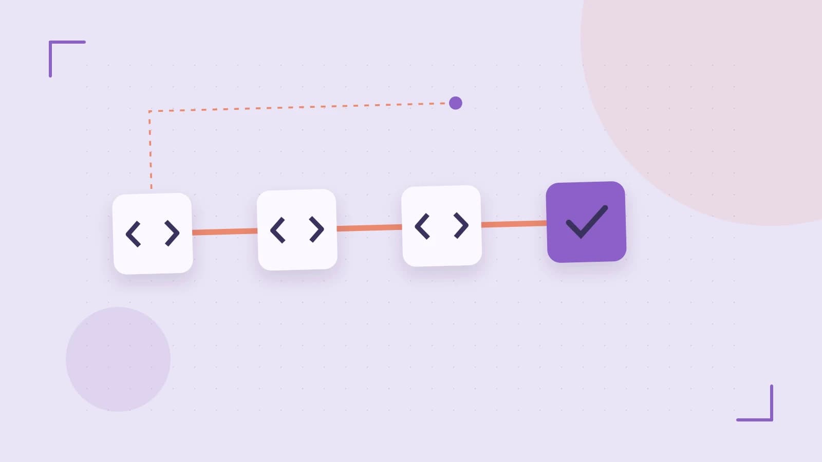 Editorial illustration of a branching build pipeline, staged transformations and a completed check