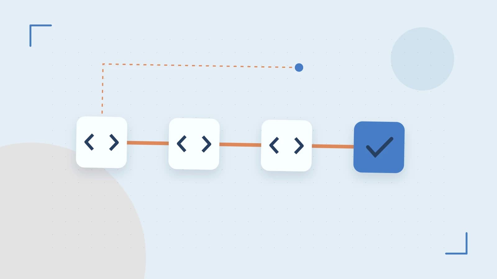 Editorial illustration of a branching build pipeline, staged transformations and a completed check