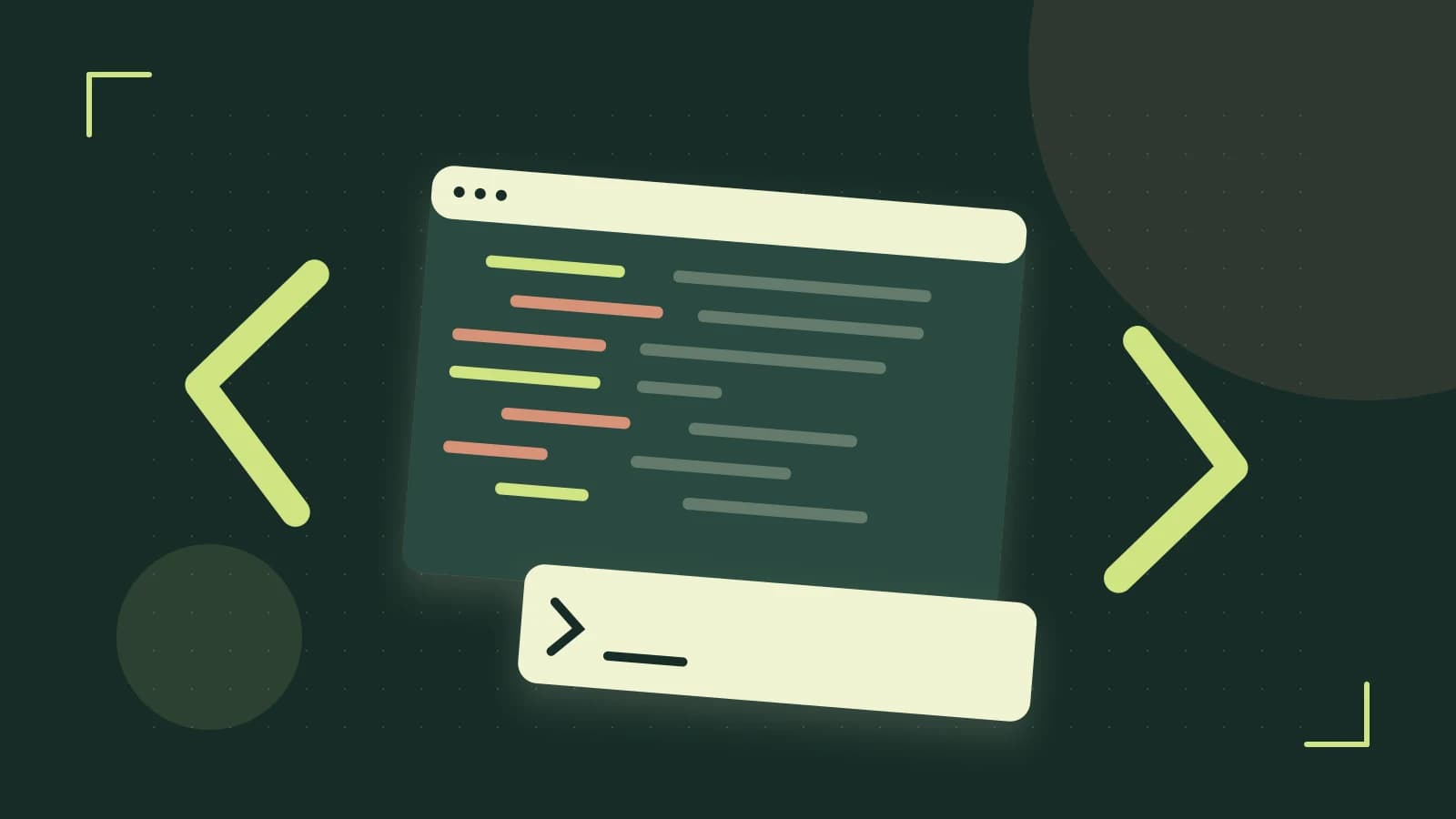 Editorial illustration of an abstract code editor, syntax blocks and oversized programming brackets