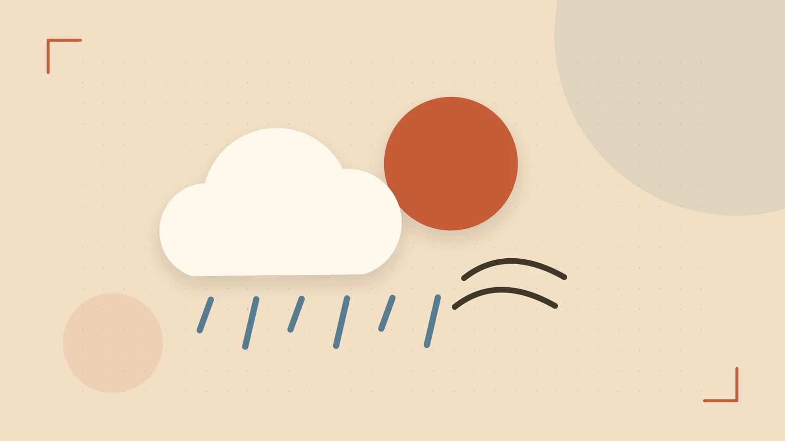 Editorial illustration of a sun, layered clouds, raindrops and flowing weather patterns