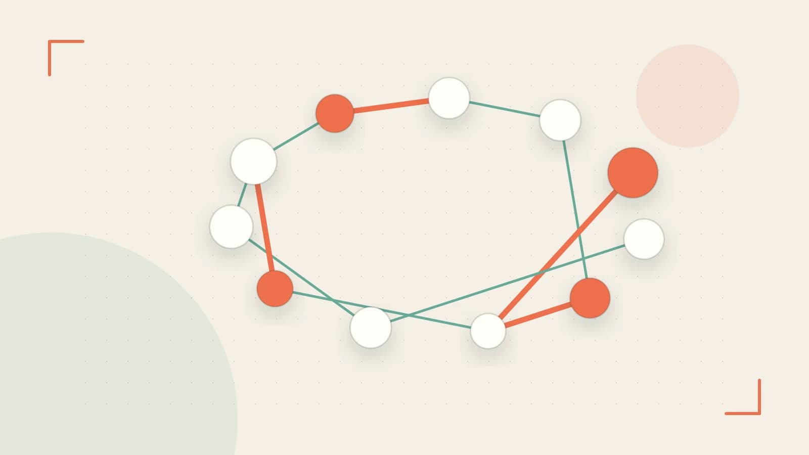 Editorial illustration of an algorithmic node graph with branching paths and a highlighted result