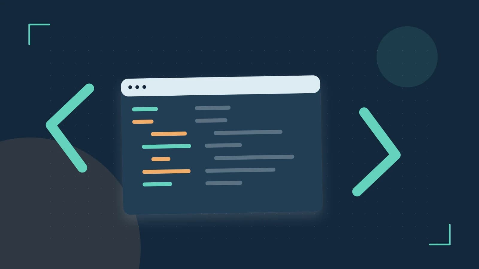 Editorial illustration of an abstract code editor, syntax blocks and oversized programming brackets