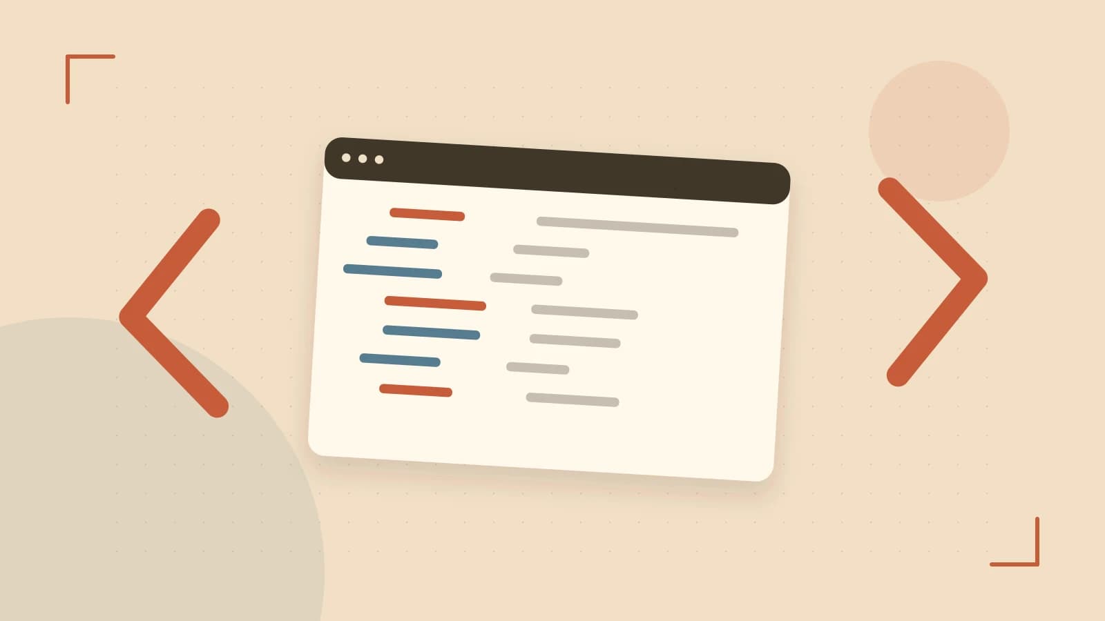 Editorial illustration of an abstract code editor, syntax blocks and oversized programming brackets