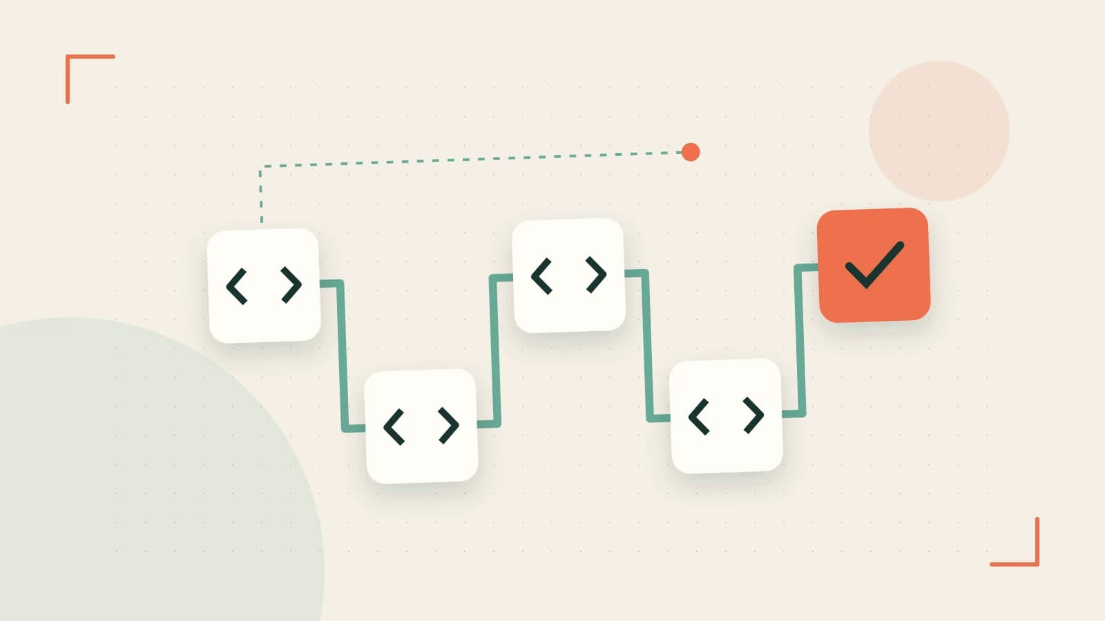 Editorial illustration of a branching build pipeline, staged transformations and a completed check