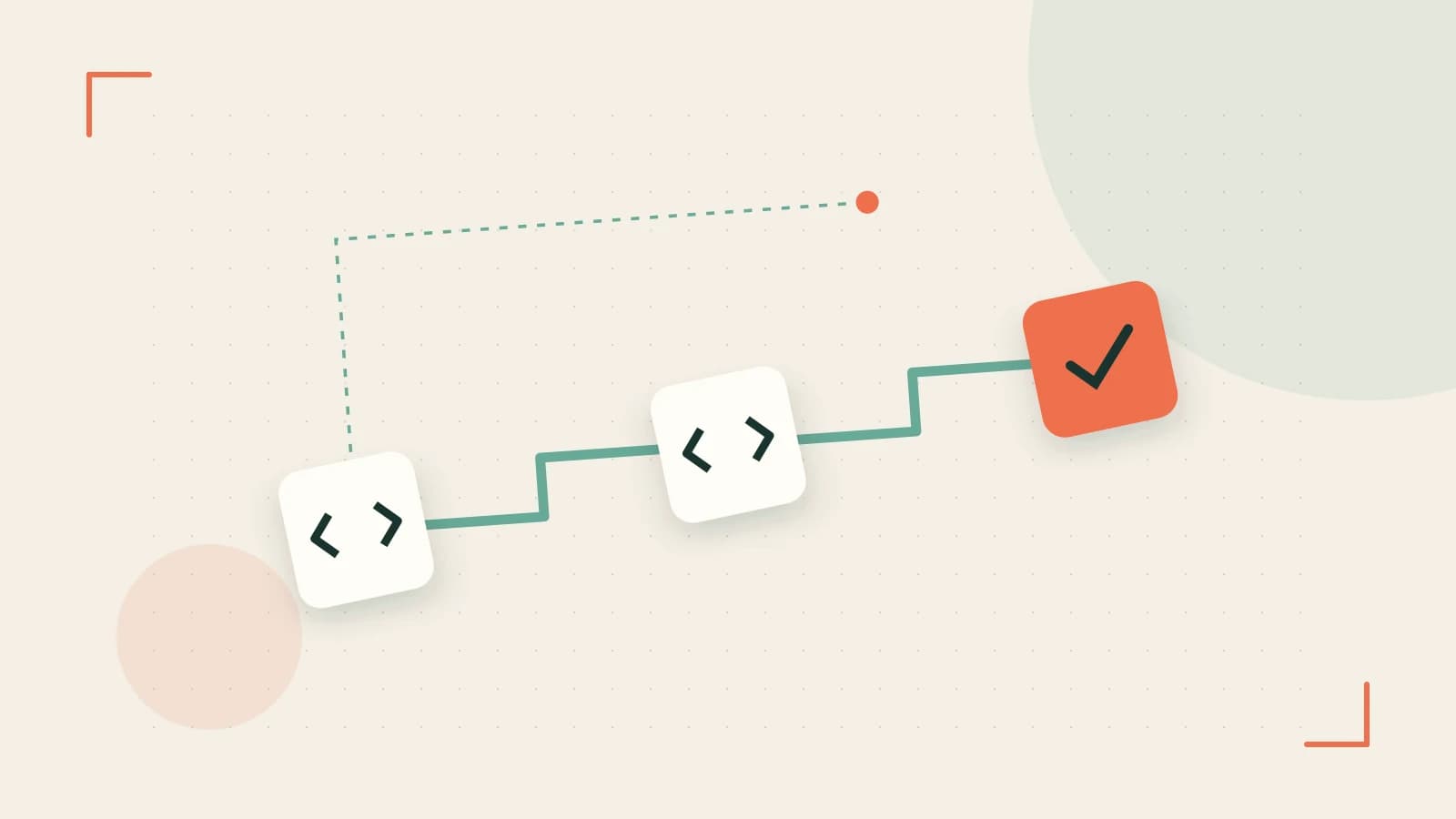 Editorial illustration of a branching build pipeline, staged transformations and a completed check