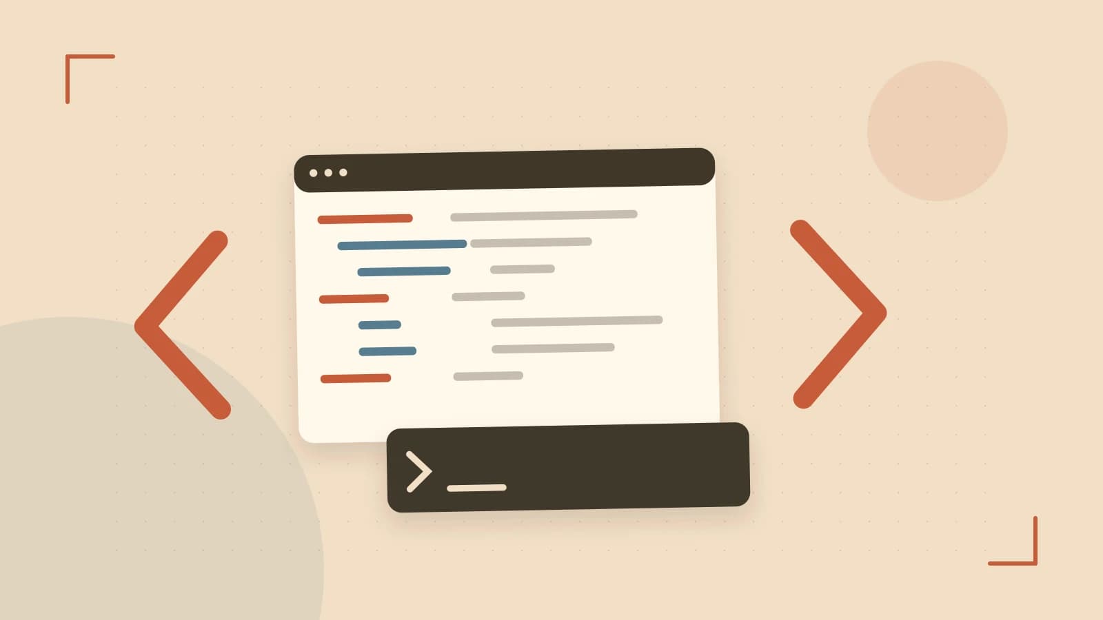 Editorial illustration of an abstract code editor, syntax blocks and oversized programming brackets