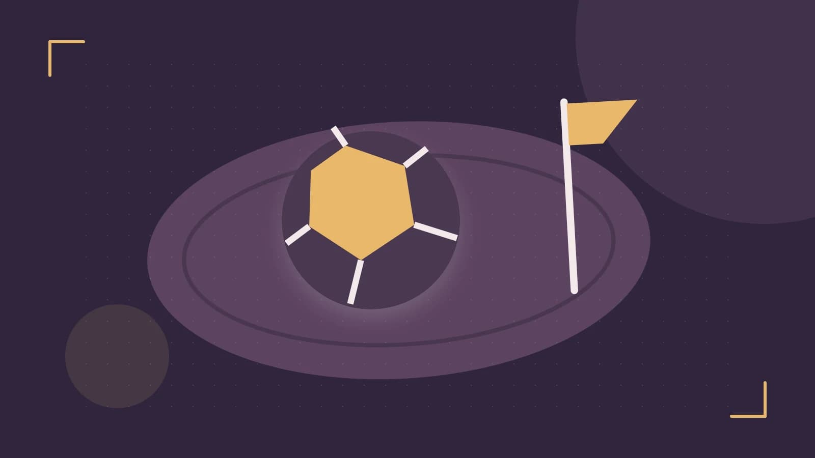 Editorial illustration of a stylized sports ball, stadium geometry and dynamic arcs