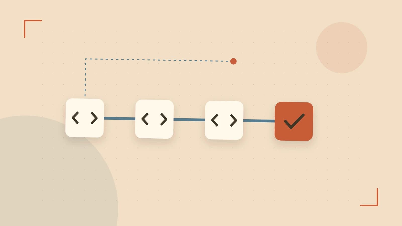 Editorial illustration of a branching build pipeline, staged transformations and a completed check