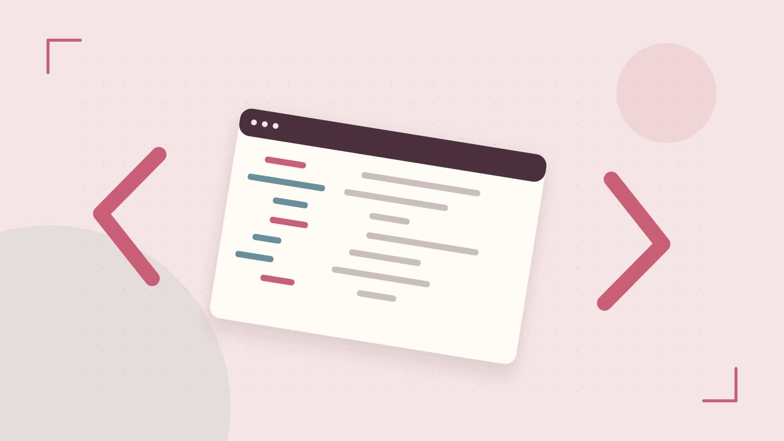 Editorial illustration of an abstract code editor, syntax blocks and oversized programming brackets
