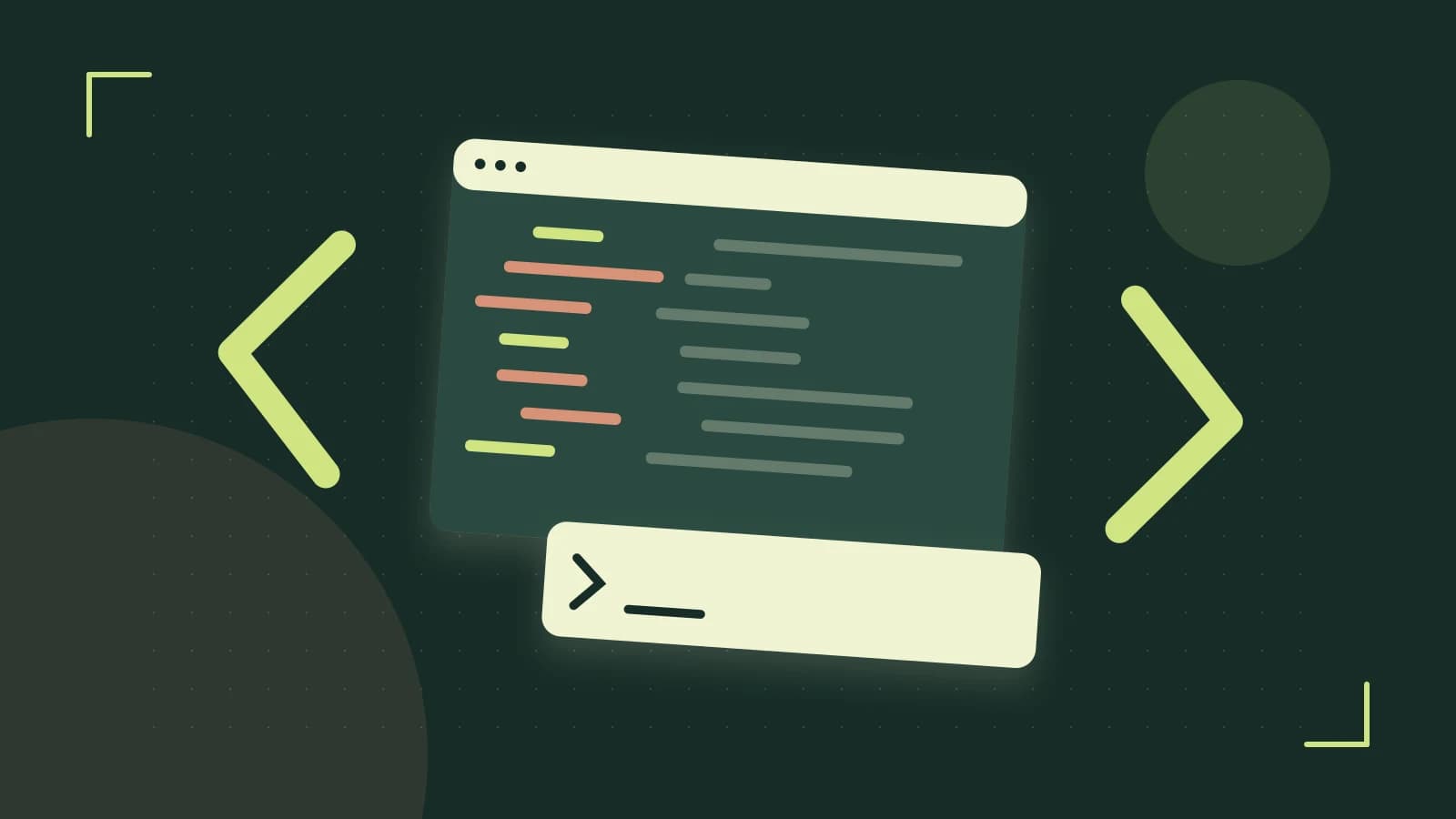 Editorial illustration of an abstract code editor, syntax blocks and oversized programming brackets