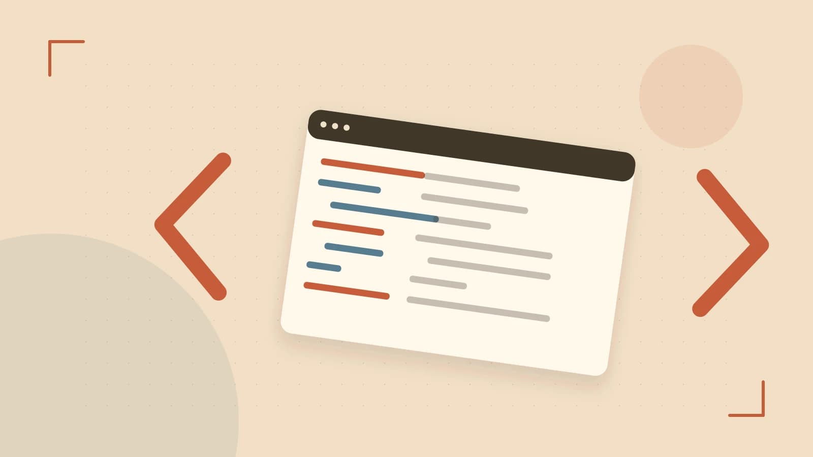 Editorial illustration of an abstract code editor, syntax blocks and oversized programming brackets
