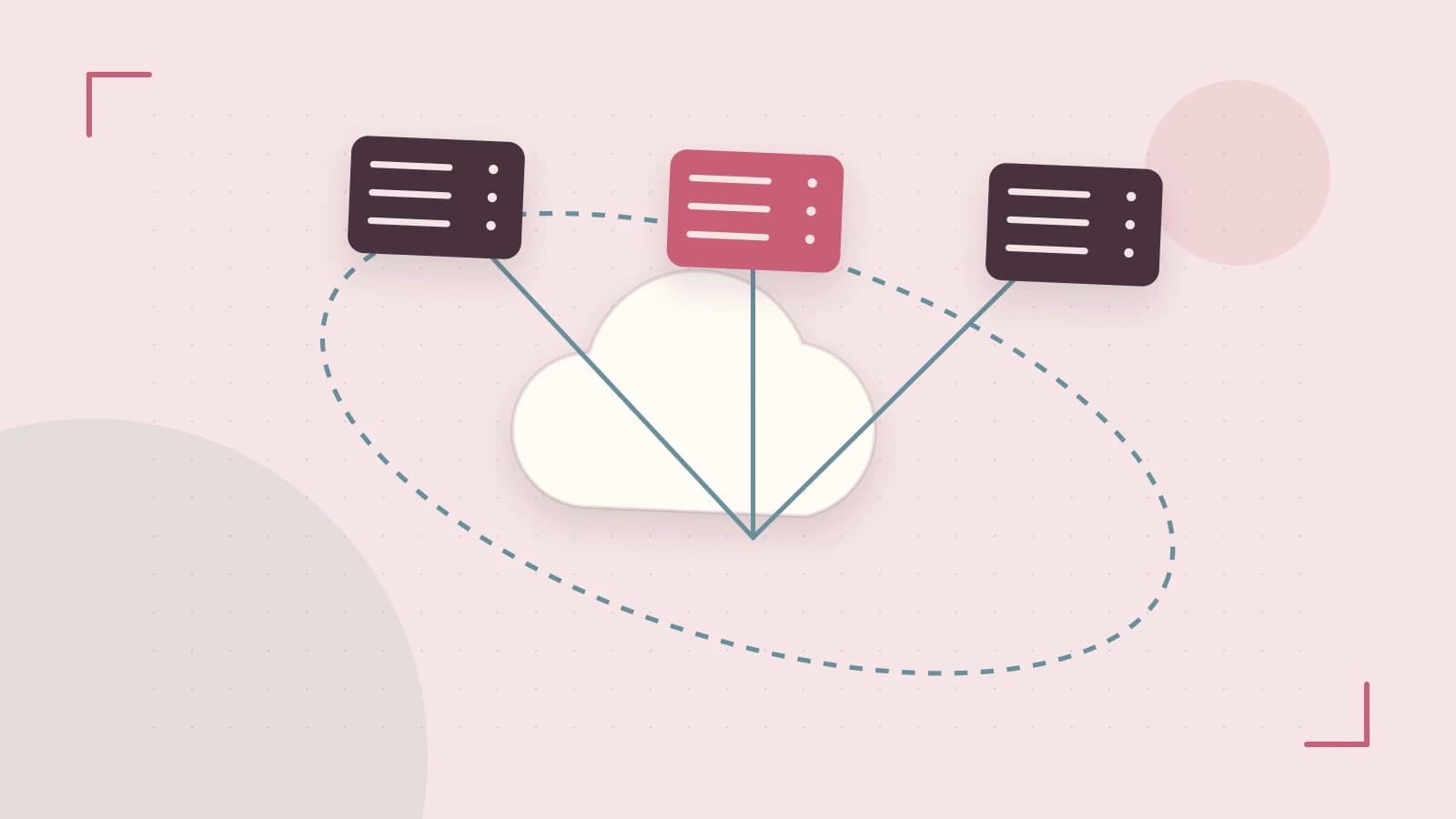 Editorial illustration of cloud infrastructure, connected server racks and an orbital service map