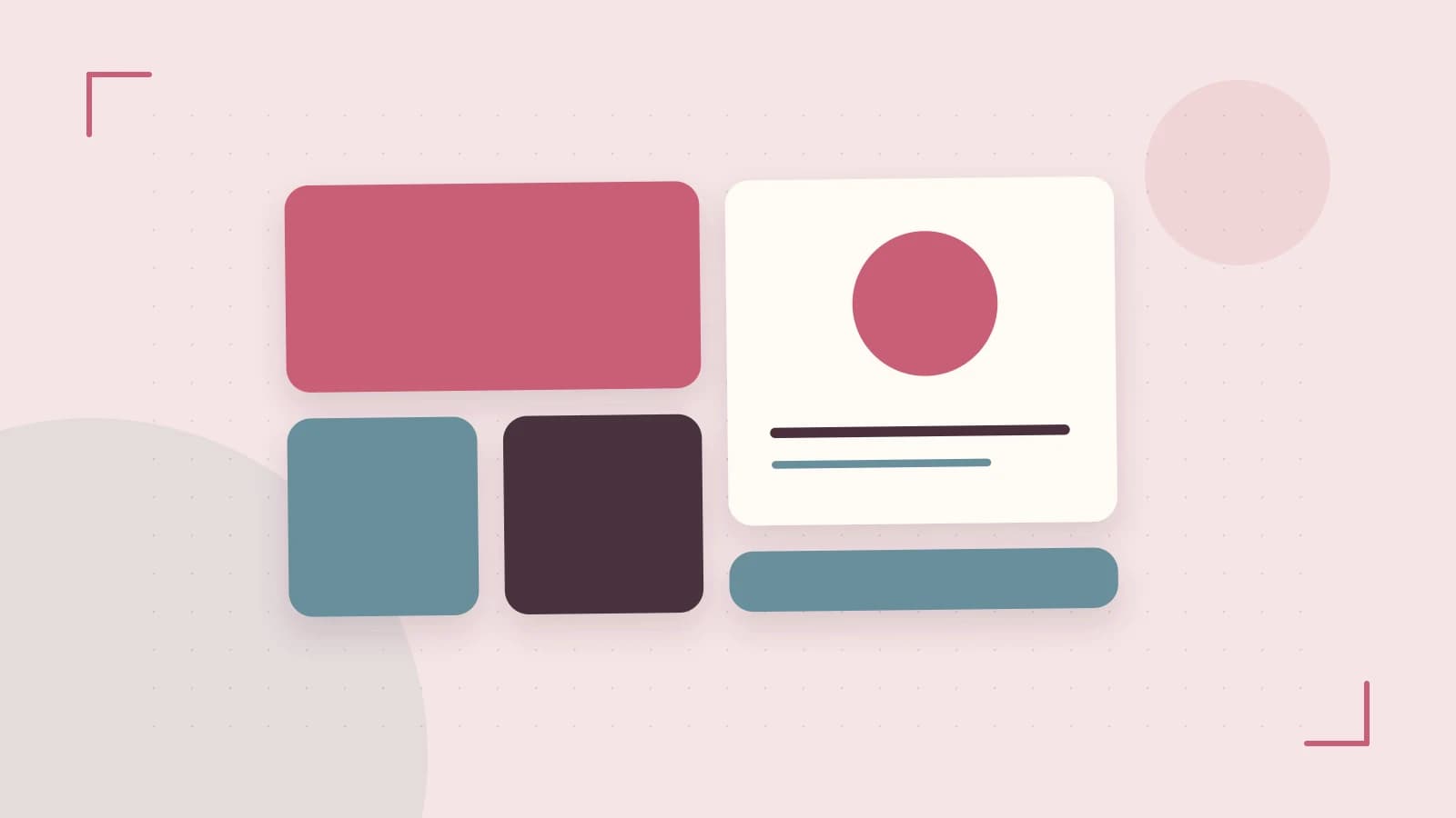 Editorial illustration of responsive browser layouts, overlapping design components and a color system