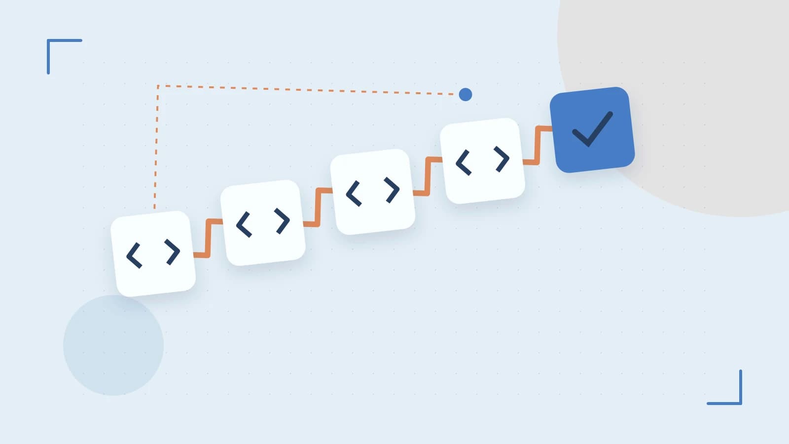 Editorial illustration of a branching build pipeline, staged transformations and a completed check