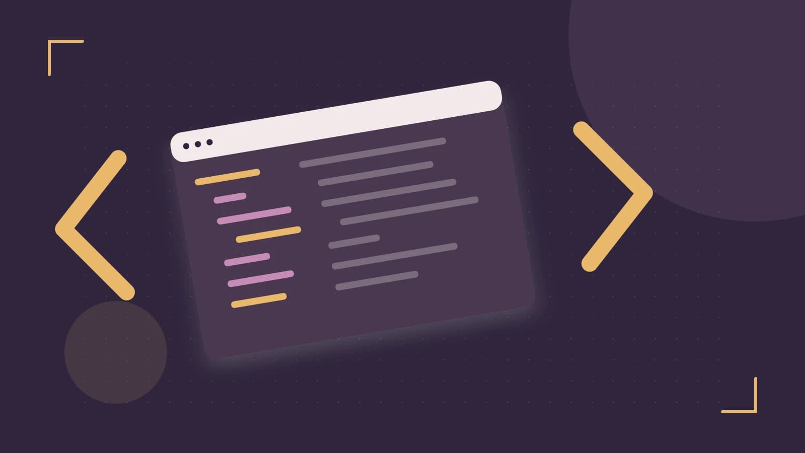 Editorial illustration of an abstract code editor, syntax blocks and oversized programming brackets