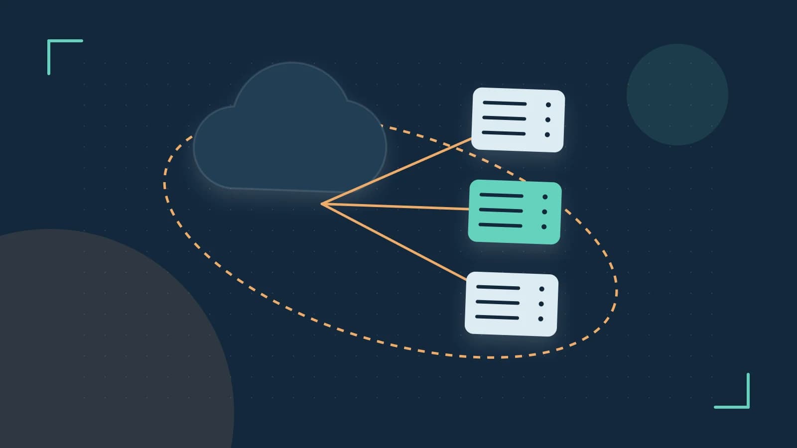 Editorial illustration of cloud infrastructure, connected server racks and an orbital service map