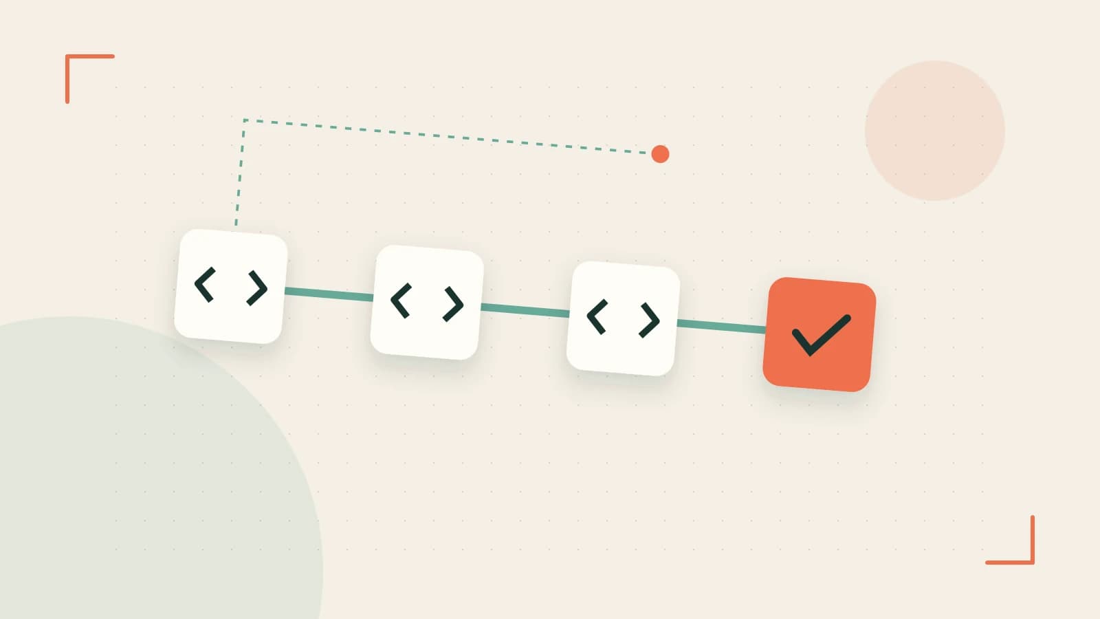 Editorial illustration of a branching build pipeline, staged transformations and a completed check