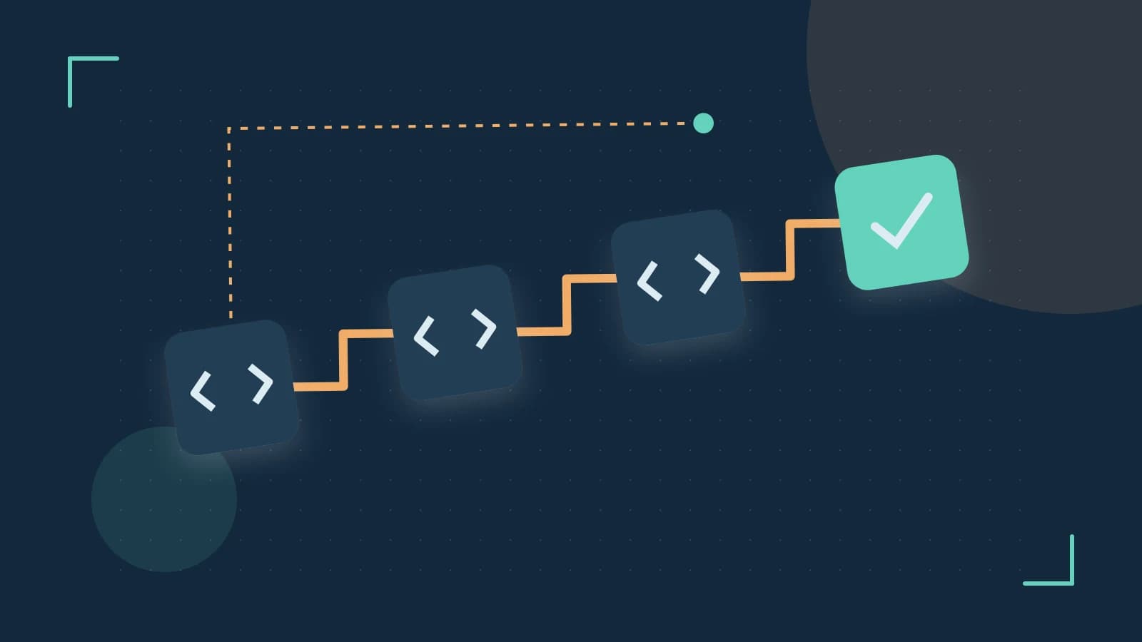 Editorial illustration of a branching build pipeline, staged transformations and a completed check
