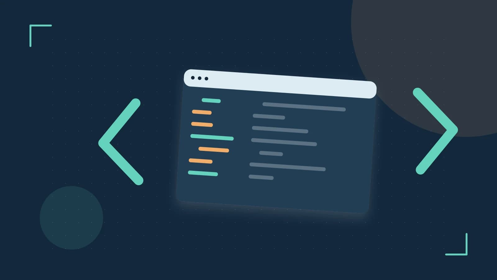 Editorial illustration of an abstract code editor, syntax blocks and oversized programming brackets