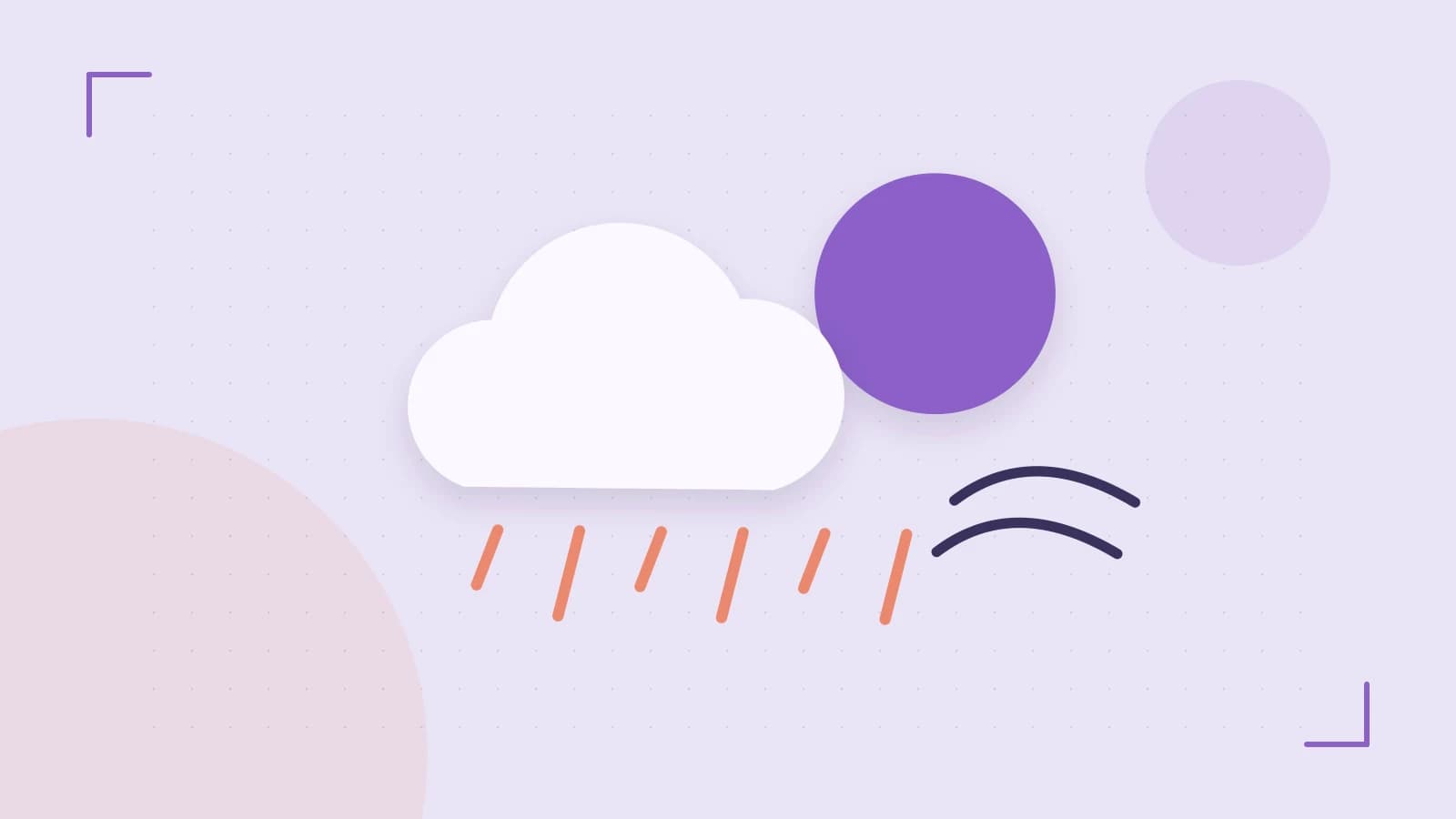 Editorial illustration of a sun, layered clouds, raindrops and flowing weather patterns