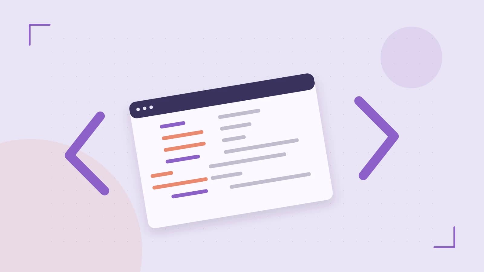 Editorial illustration of an abstract code editor, syntax blocks and oversized programming brackets